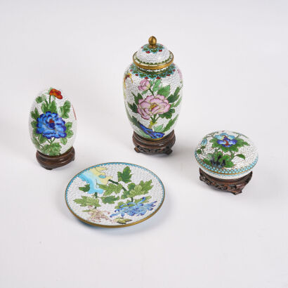 A Group Of Four Pieces Of Cloisonne Consisting Of An Egg, Lidded Urn, Plate And Trinket Box