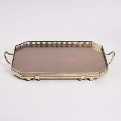 A Polished Oak Drinks Tray With A Sterling Silver Gallery Rail