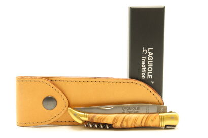 (1) Laguiole ‘Tradition’ Pocket Knife (12cm blade) with Corkscrew - Olive Tree Wood with Leather Pouch