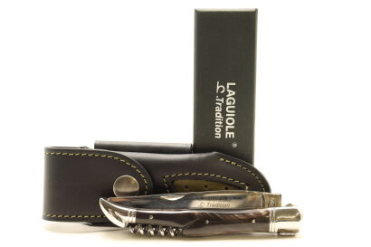 (1) Laguiole ‘Tradition’ Pocket Knife (12cm blade) with Corkscrew - Black Cow Horn with Leather Pouch