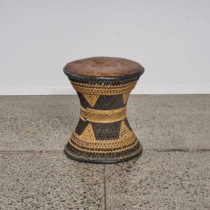 A Leather-Topped Vintage Cane Stool