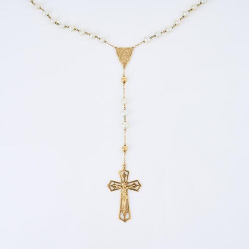 18ct Yellow Gold, Pearl and Gold Rosary Set with Crucifix