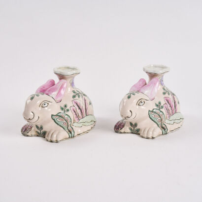 A Pair Of Handpainted Ceramic Rabbit Candle Holders