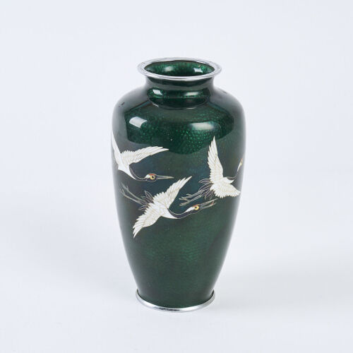 A Late Meiji Period Three Flying Manchurian Cranes Cloisonne Vase, c1910