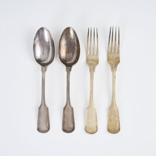 A Pair Of 19th Century Dutch Silver Fiddle And Thread Pattern Table Spoons, And A Pair Of Matching Table Forks