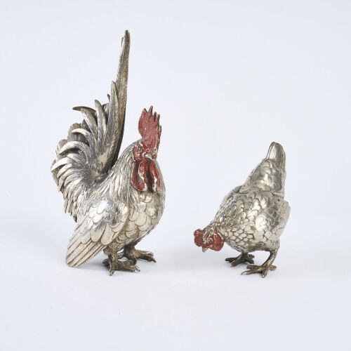 A Pair Of Japanese Metalwork Meiji Period Cockerel And Hen Okimono, c1910