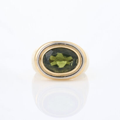9ct Yellow Gold, Oval Mixed Cut Green Glass Ring