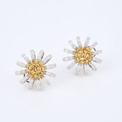 18ct White Gold, 1.30ct Yellow and 2.88ct White Diamond, Sun Flower Earrings
