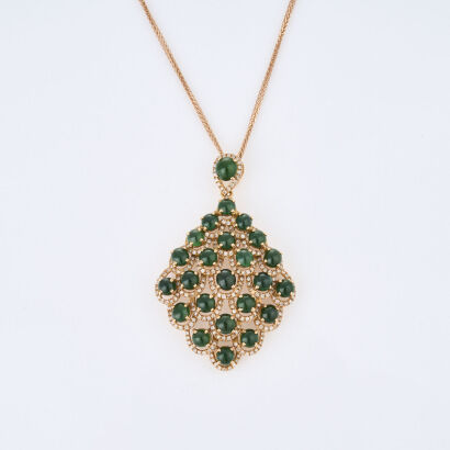 18ct Rose Gold, Jade and Diamond Pendant on 50cm Adjustable Chain