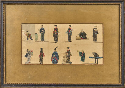 A Framed Picture Panel Of Twelve Edo Period Miniatures, c1850