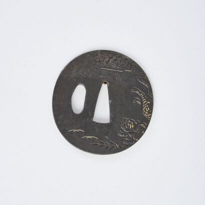 An Oval Iron Wakizashi Tsuba, Incised Tiger Motif, c1650