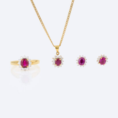 18ct Yellow Gold, 2.77ct Ruby and .72ct Diamond Ring, Earrings and Pendant Set.