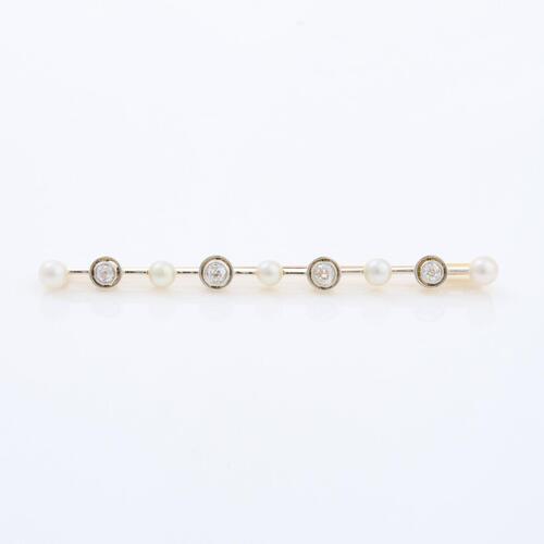 18ct Yellow Gold, Antique, .80ct Diamond and Pearl Brooch