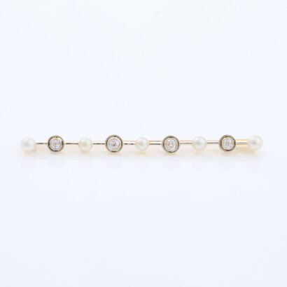 18ct Yellow Gold, Antique, .80ct Diamond and Pearl Brooch