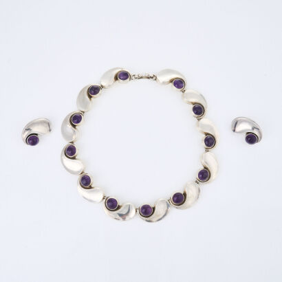 Antonio Pineda, Sterling Silver Amethyst Necklace and Earrings Set by Taxco Mexico1950's