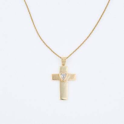 9ct Gold, .51ct Diamond Cross Pendant on 45cm Gold Tone Chain