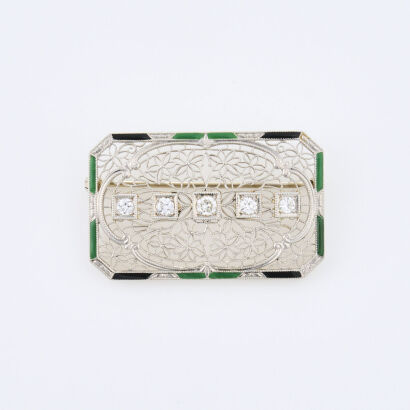 14ct White Gold, .50ct Diamond and Enamel Brooch