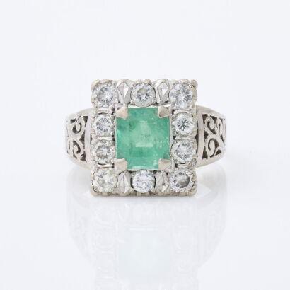 18ct White Gold, Vintage 2.00ct Emerald and .96ct Diamond Cluster Style Ring