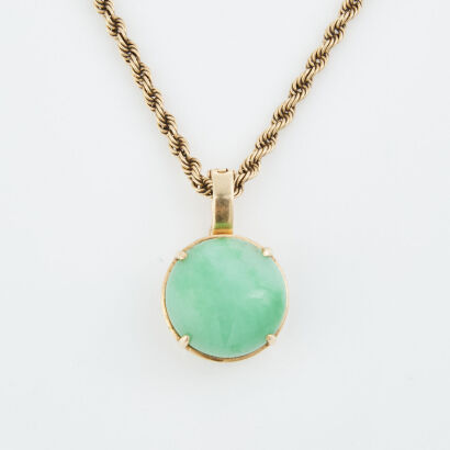 14ct Yellow Gold, Rope Chain with 16mm Cabochon Jade Pendant