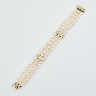 14ct Yellow Gold, Triple Strand Pearl and Diamond Bracelet