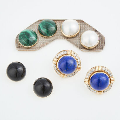 14ct Yellow Gold, Interchangeable Mabe Pearl, Onyx, Lapis Lazulli and Malachite Earring Set