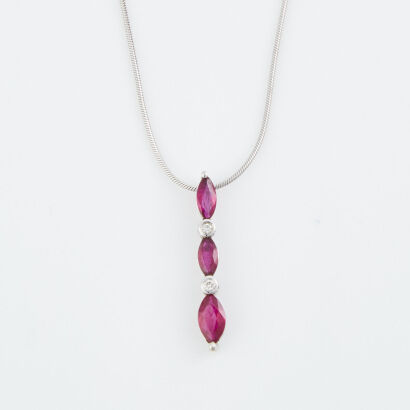 18ct White Gold, .65ct Ruby and Diamond Pendant on Snake Chain