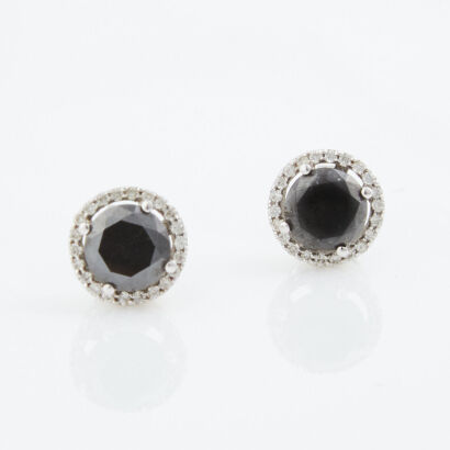 18ct White Gold, 2.30ct Black Diamond with .20ct Diamond Halo Earrings