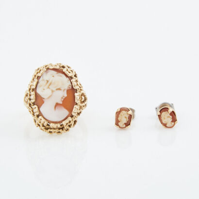 14ct Yellow Gold, Shell Cameo Ring and Earring Set