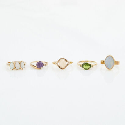 14ct Yellow Gold ,Collection of Opal, Coral, Synthetic Sapphire, Green Glass Rings