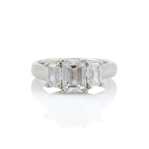 Platinum, Modern, Three Stone, 1.91ct Emerald Cut Diamond Ring