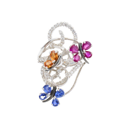 18ct White Gold, Multi-colour Sapphire and Diamond Butterfly Ring