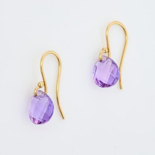 18ct Yellow Gold, Briolette Cut Amethyst Drop Earrings