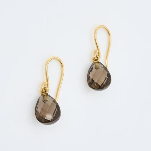 18ct Yellow Gold, Briolette cut Smokey Quartz Drop Earrings