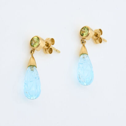 18ct Yellow Gold, Briolette cut Topaz and Peridot Drop Earrings