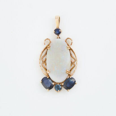 14ct Rose Gold, 6.50ct Opal and 1.80ct Sapphire Pendant