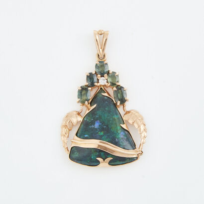 14ct Rose Gold, Treated, 30ct Opal and 1.80ct Sapphire Pendant