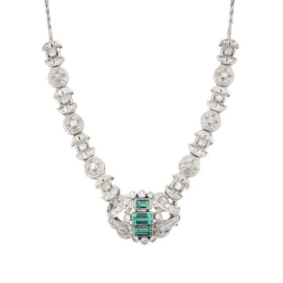 18ct /14ct White Gold, Vintage, 1.20ct Emerald and 1.90ct Diamond Necklace