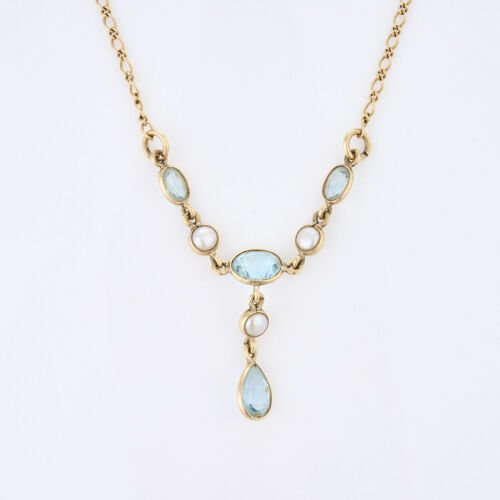 9ct Yellow Gold, 45cm Blue Topaz and Pearl Necklace