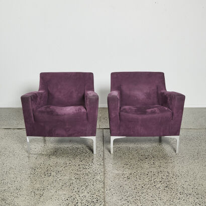 A Pair Of Contemporary Armchairs In Purple Upholstery And Cast Aluminium Legs