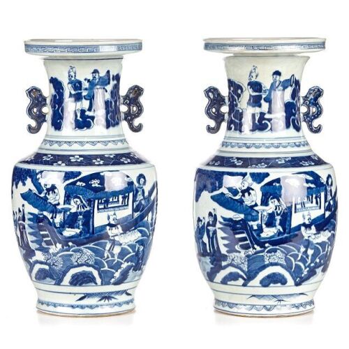 A Pair of Blue and White Two-Handled Vases