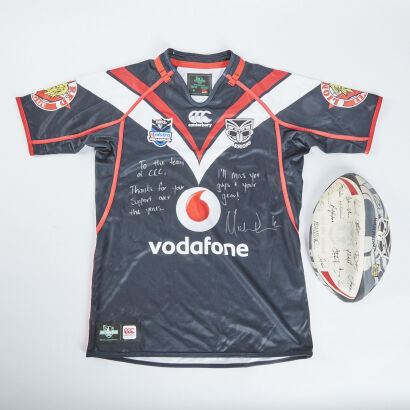 A Warriors Jersey Signed by Micheal Luck and a Facsimile Rugby Ball Signed by the 2012 Warriors Squad