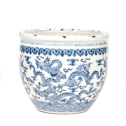 A Blue and White Chinese Dragon Vat