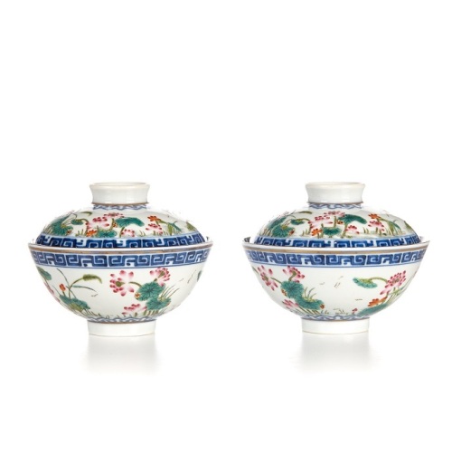 A Pair of Blue and White Famille Rose Lidded Bowls