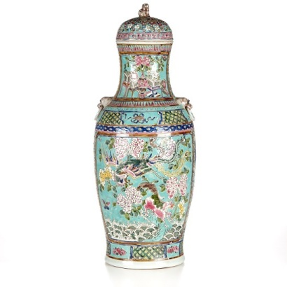 A Famille Rose Chinese Two-Handled Vase