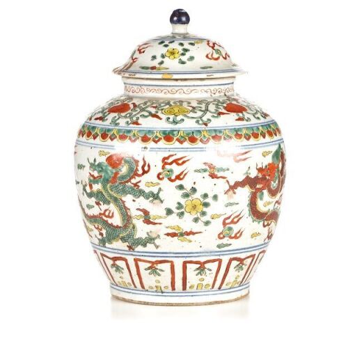 A Chinese Blue and White Wucai Dragon Jar