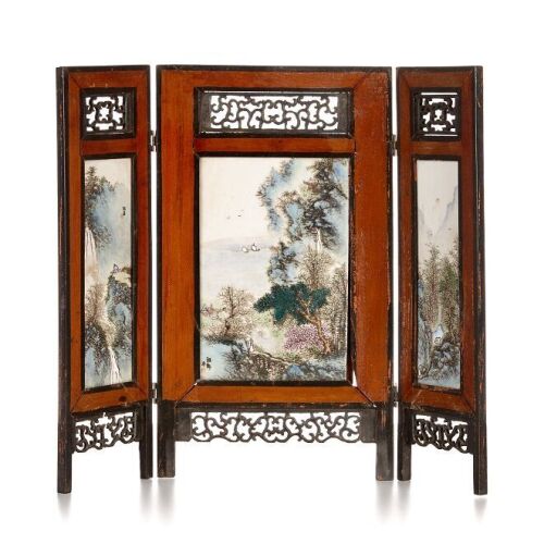 A Famille-Rose Chinese Landscape Plaque Mounted as A Table Screen
