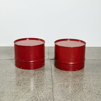 A Pair Of Industrial Steel Drums Side Tables