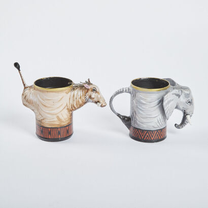 A Pair Of Zambian Made Tin Can Paper Mache Animal Mugs