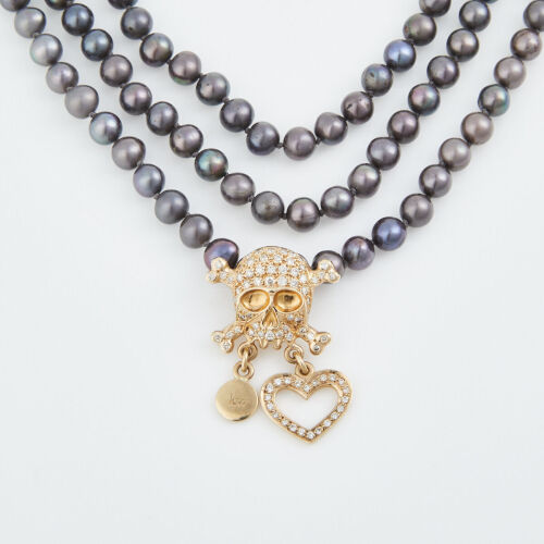 Karen Walker, Special order, 9ct Yellow Gold, Pearl, Diamond Skull Necklace with a 14ct Yellow Gold Clasp