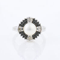 14ct White Gold, Modern, .85ct Diamond and Simulated Pearl Ring